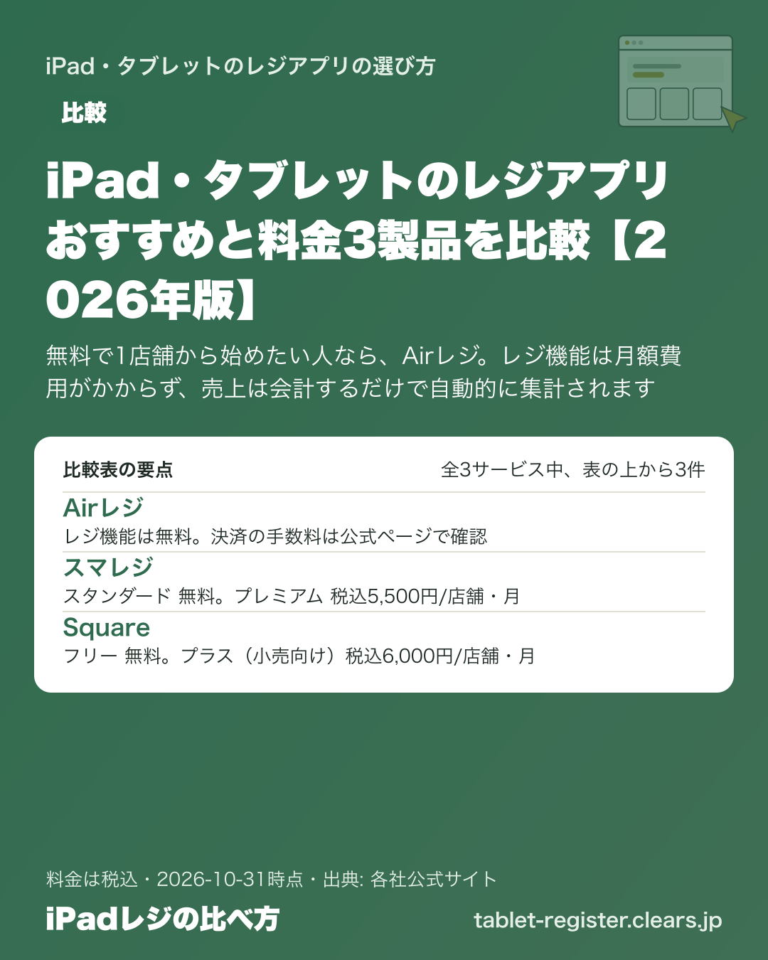 iPad・タブレットのレジアプリ おすすめと料金3製品を比較【2026年版】の比較表の要点